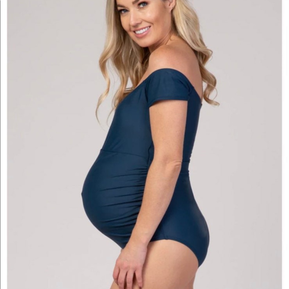 PINKBLUSH off shoulder maternity one piece swimsuit navy